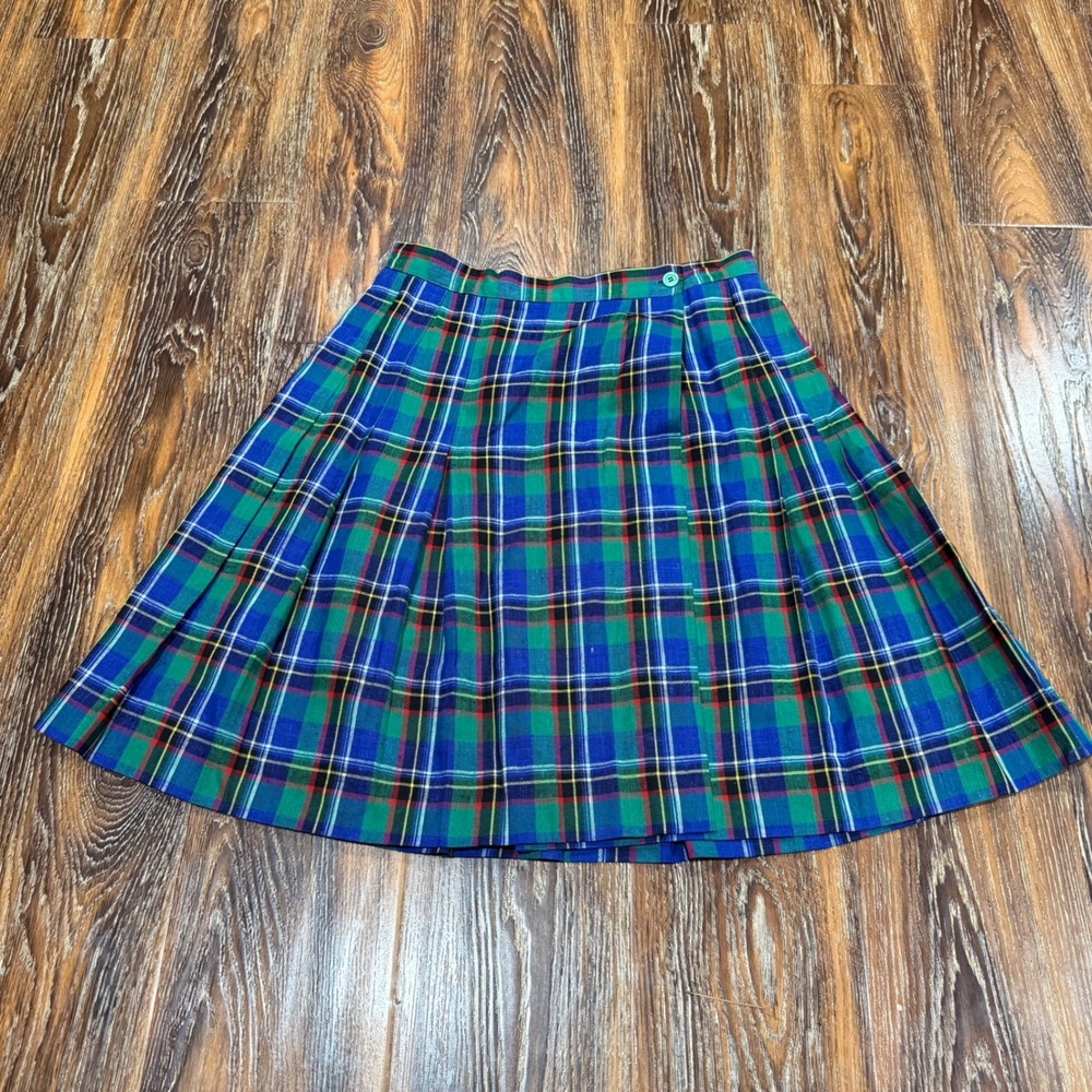 Preston & York 10 Skirt Womens Blue Green Plaid Pleated Linen Blend Wrap Skirt